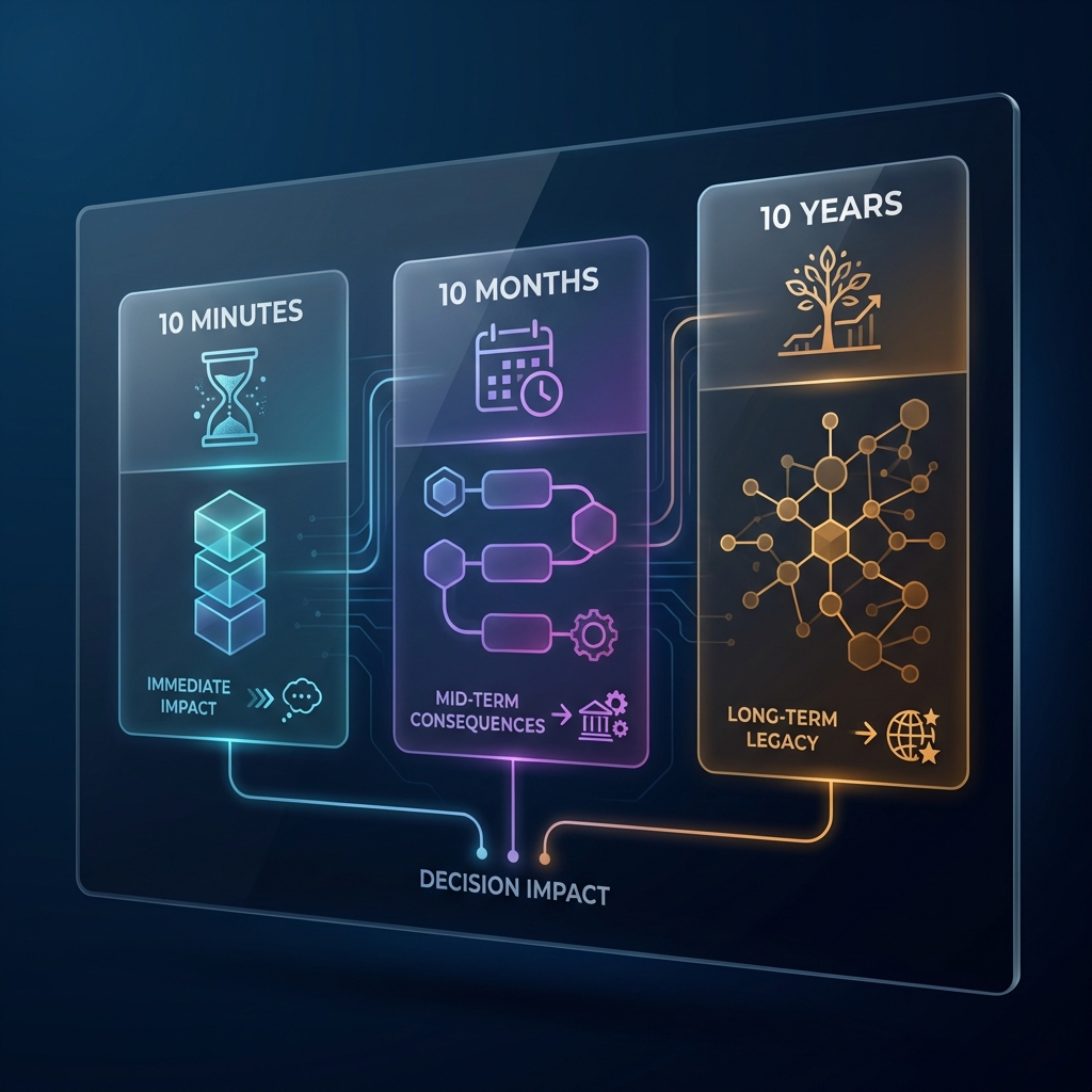 Infographic visualizing the 10-10-10 rule: comparing 10 minutes, 10 months, and 10 years timelines