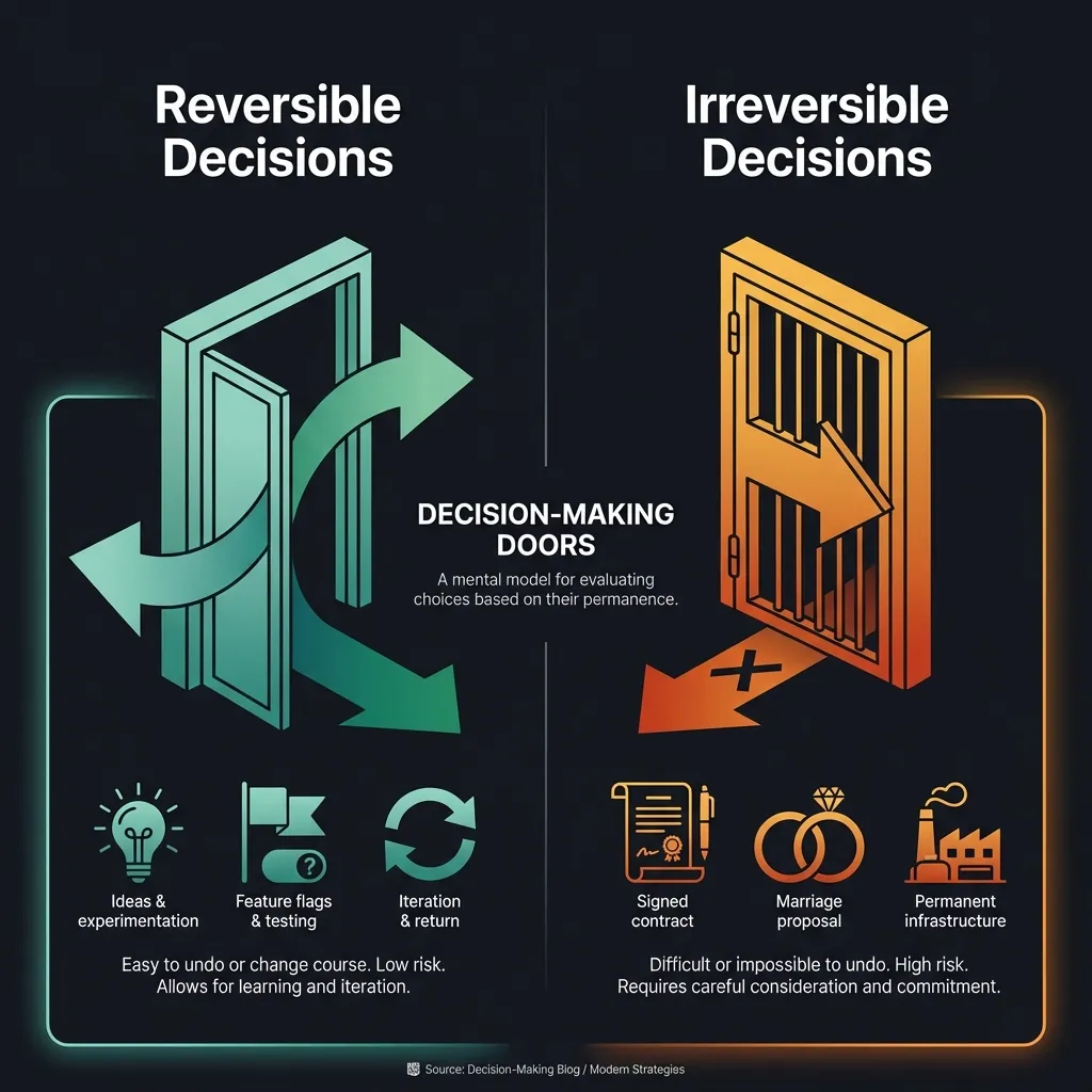 Diagram showing reversible vs irreversible decisions as two-way and one-way doors